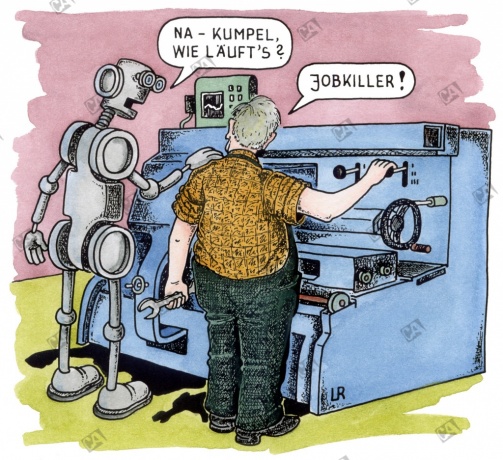 Roboter spricht mit Maschinenarbeiter