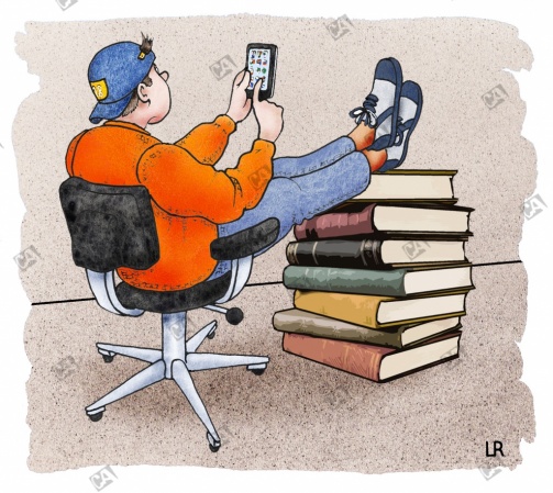 Bequem auf einem Stuhl sitzend, betrachtet ein Schüler sein Smartphone